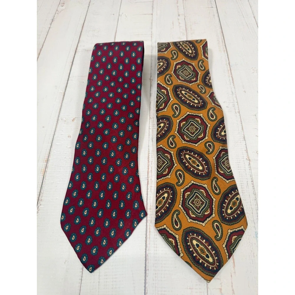 Jos A Bank Silk Tie Lot 2 Burgundy Medallion Mustard Paisley Italian Silk Tie